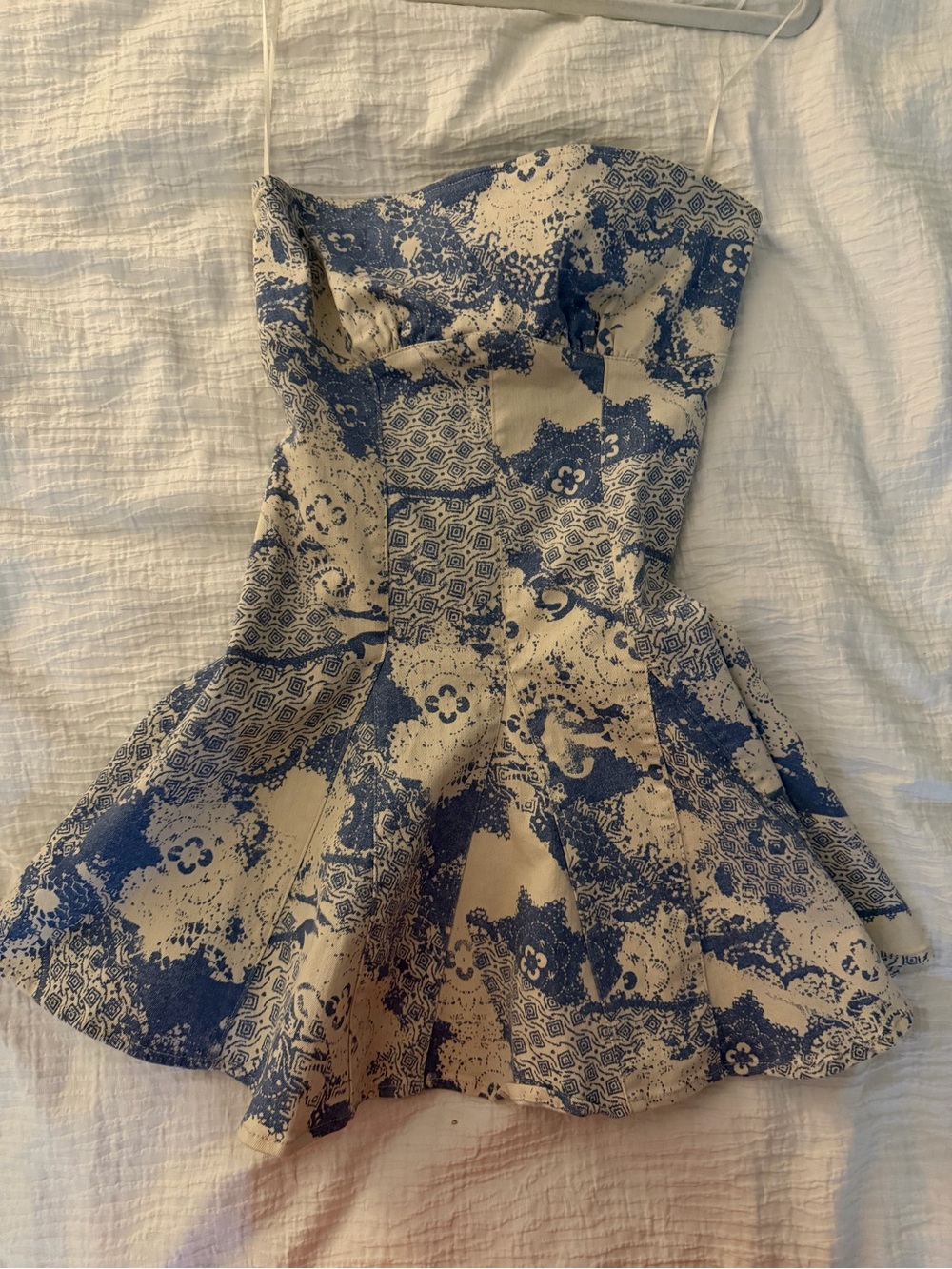 Urban Outfitters Blue and Cream Patterned Strapless Dress